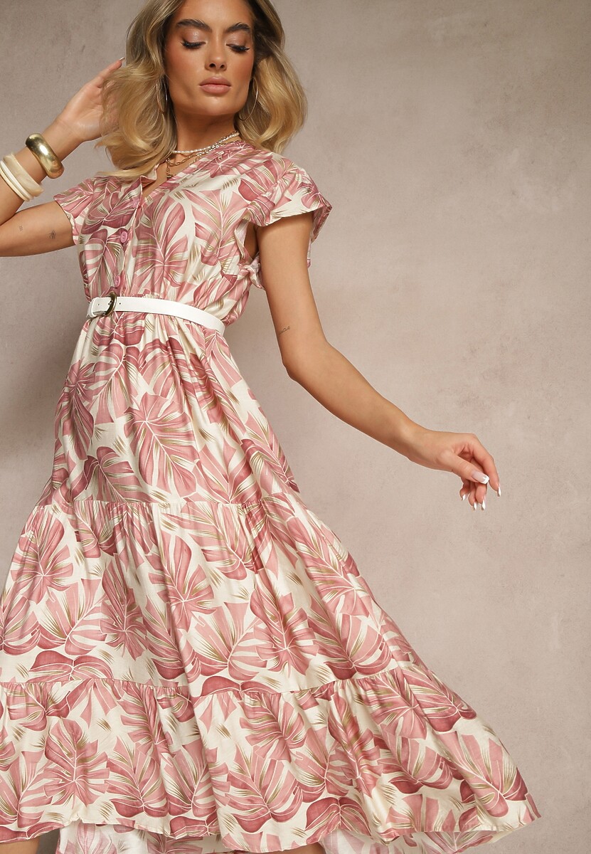 Ciemnozielona Rozkloszowana Sukienka z Wiskozą Zdobiona Roślinnym Printem Galmoi