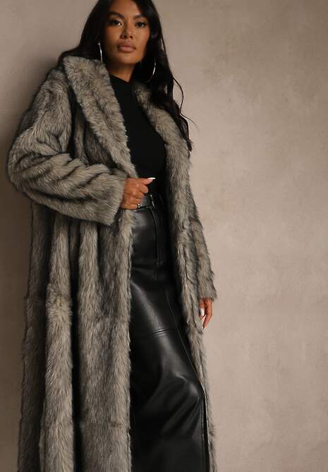 Beżowo-Czarny Płaszcz Futerko o Długim Kroju Ozdobiony Kołnierzem Cannesa