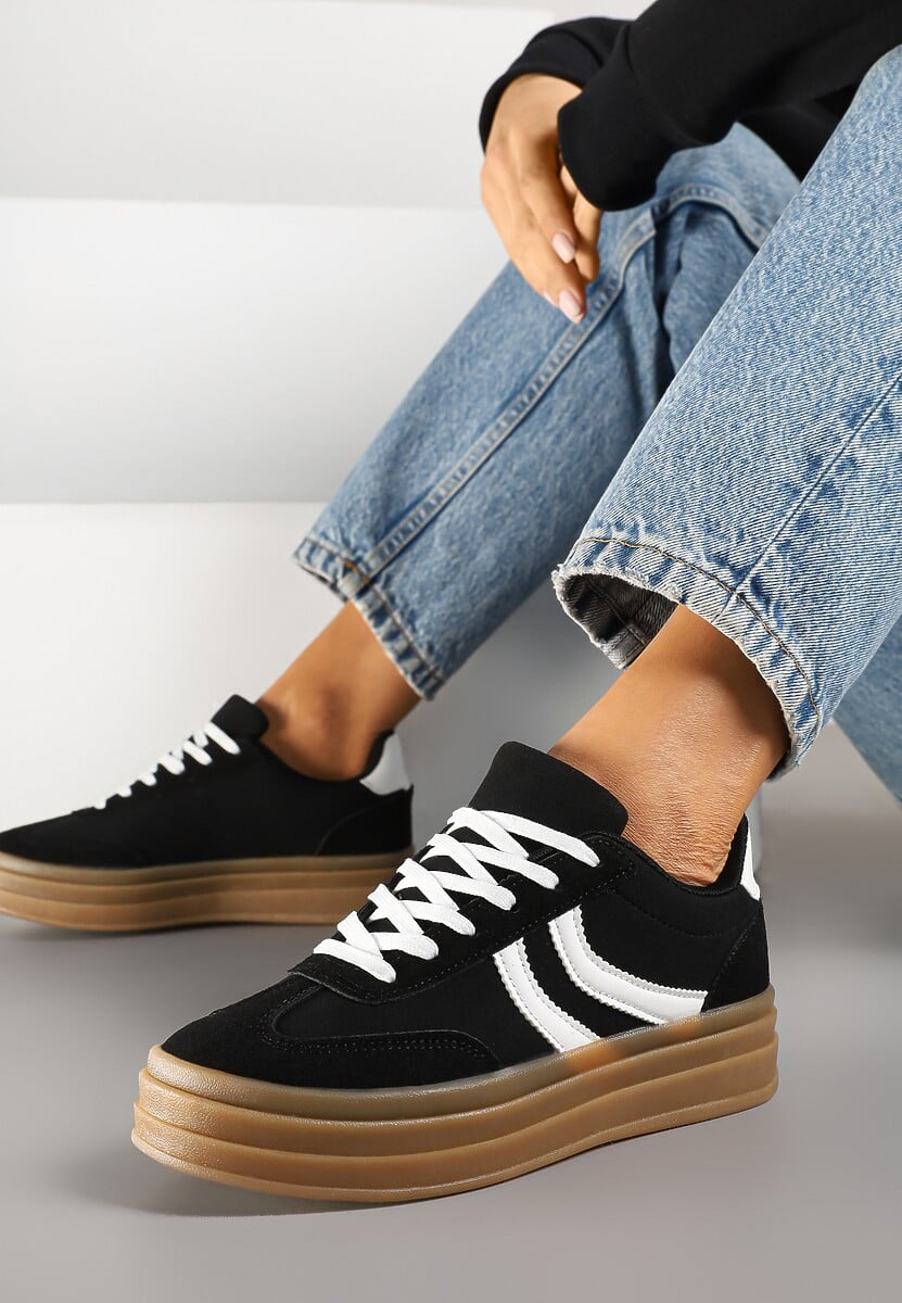 Czarne Sneakersy Typu Kultowe Tenisówki na Grubej Podeszwie z Tłoczeniem Lisanitea