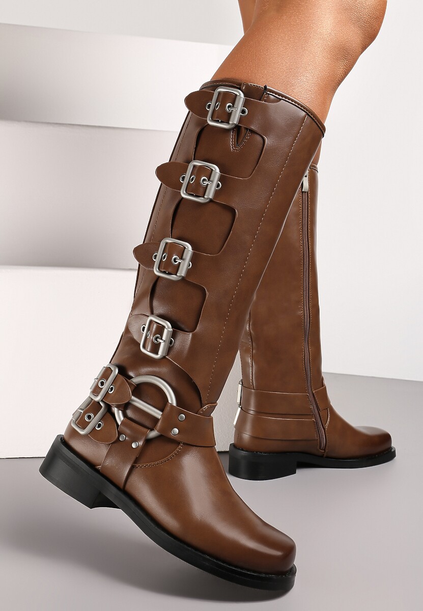 Jasnobrązowe Kozaki Biker z Ozdobnymi Klamerkami i Kwadratowym Noskiem Vivao