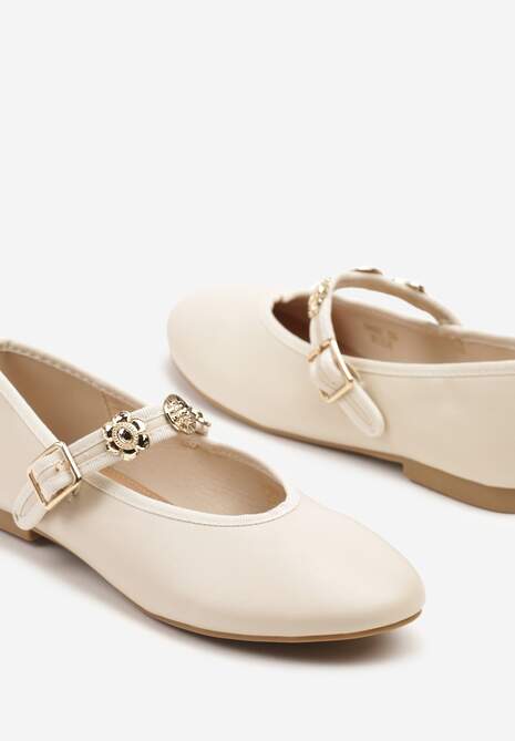 Beżowe Balerinki Mary Jane Ozdobione Paskiem Ovanne