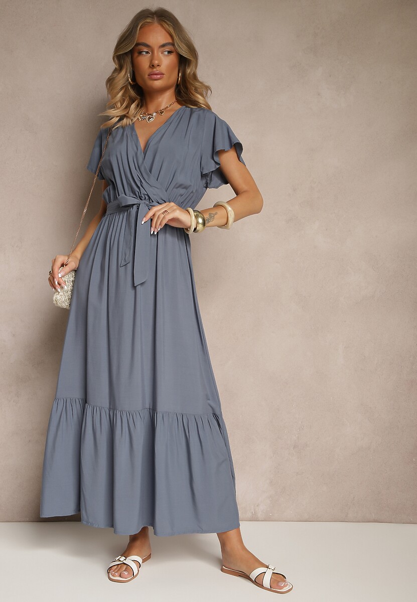 Granatowa Kopertowa Sukienka z Wiskozy Ozdobiona Paskiem Savioneira