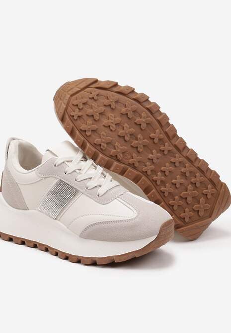 Beżowe Sneakersy na Platformie z Ozdobnymi Cyrkoniami Fenarelle