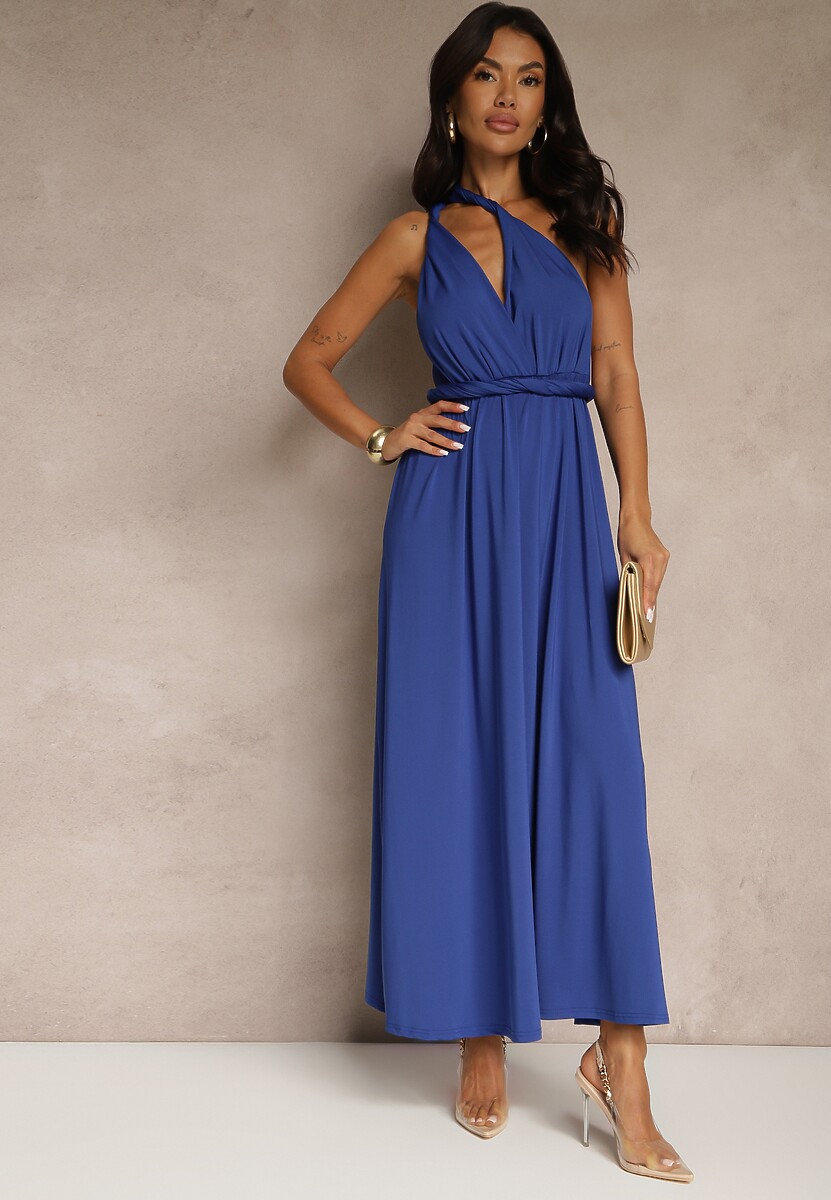 Niebieska Sukienka Koktajlowa Multiway z Wiskozą Wiązana na Szyi Lilovea