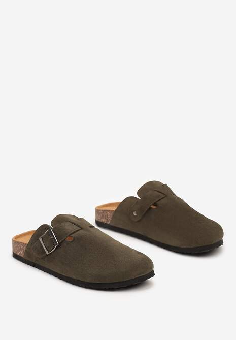 Ciemnozielone Klapki na Płaskiej Podeszwie z Korka z Klamerką i Okrągłym Noskiem Shamsa