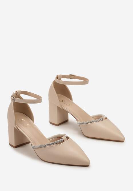 Beżowe Czółenka Ozdobione Cyrkoniami na Słupku z Zapięciem wokół Kostki Verali