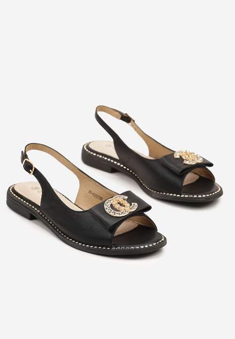 Czarne Sandały Slingback ze Skórzaną Wkładką i Zdobieniem z Cyrkonii Arivonna