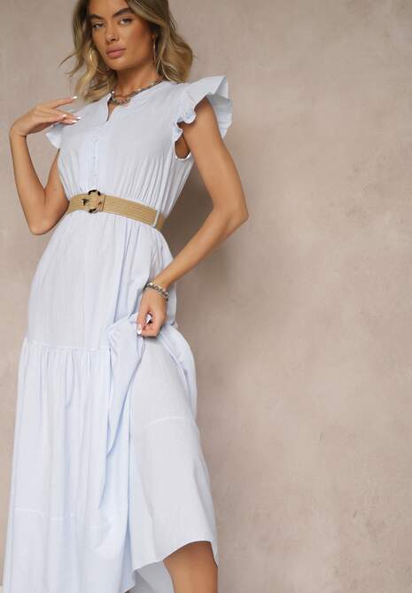 Jasnoniebieska Rozkloszowana Sukienka z Bawełny w Stylu Boho z Paskiem z Klamrą Iffarisa