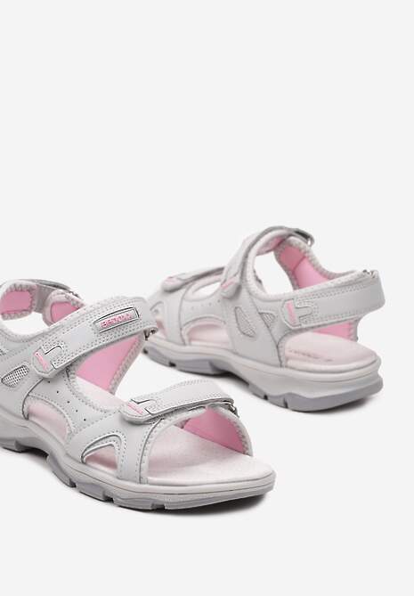 Szaro-Różowe Płaskie Sandały ze Skórzaną Wkładką i Zapięciami na Rzepy Tesama