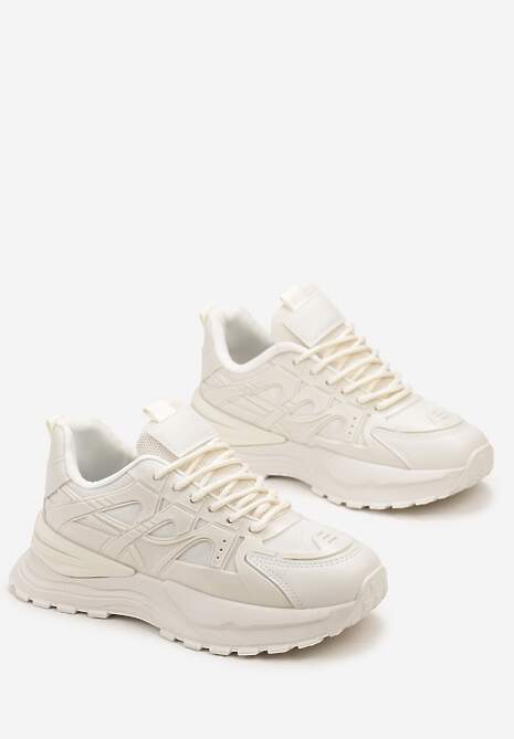 Beżowe Sznurowane Sneakersy na Grubej Podeszwie z Ozdobnymi Wstawkami Ilira