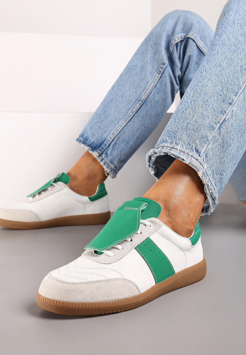 Biało-Zielone Sneakersy na Płaskiej Podeszwie ze Skóry Wykończone Zamszową Wstawką Milirae