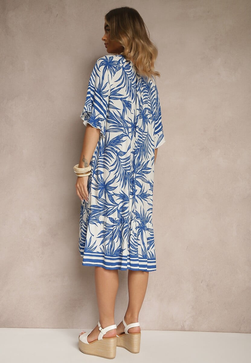 Niebieska Pudełkowa Sukienka Zdobiona Roślinnym Printem i Wiązaniem przy Dekolcie Miranissa