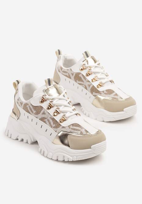 Biało-Beżowe Sneakersy w Steetwearowym Stylu na Tłoczonej Platformie Gonavielle