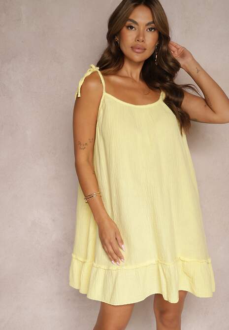 Żółta Bawełniana Sukienka Muślinowa o Pudełkowym Kroju na Ramiączkach z Wiązaniem Xirvia