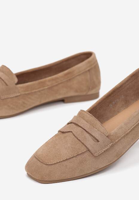 Ciemnobeżowe Mokasyny z Kwadratowym Noskiem z Imitacji Zamszu Lalina