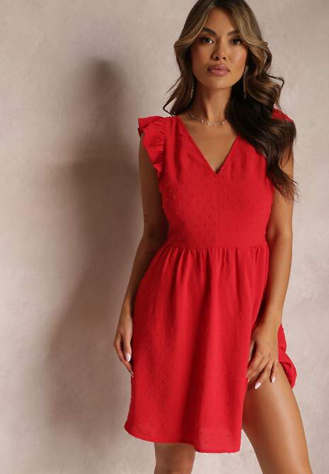 Czerwona Mini Sukienka z Odkrytymi Plecami Wykonana z Tkaniny Plumeti Telmolio
