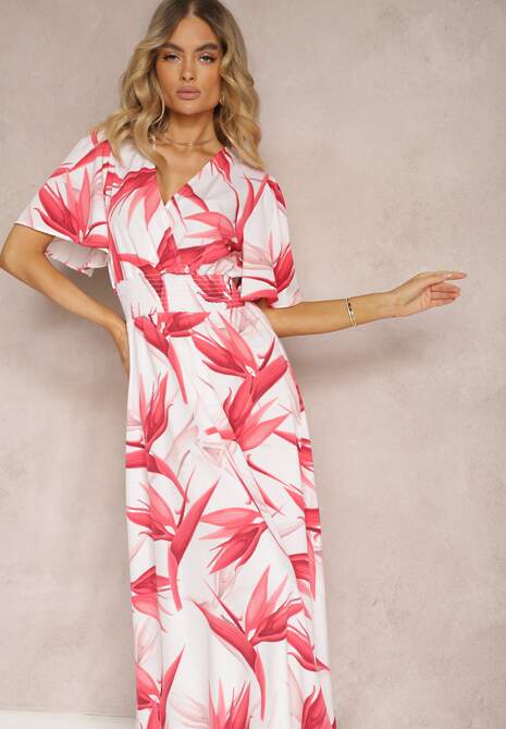 Różowo-Biała Kopertowa Sukienka Wiązana na Plecach z Gumką w Talii Jeteri