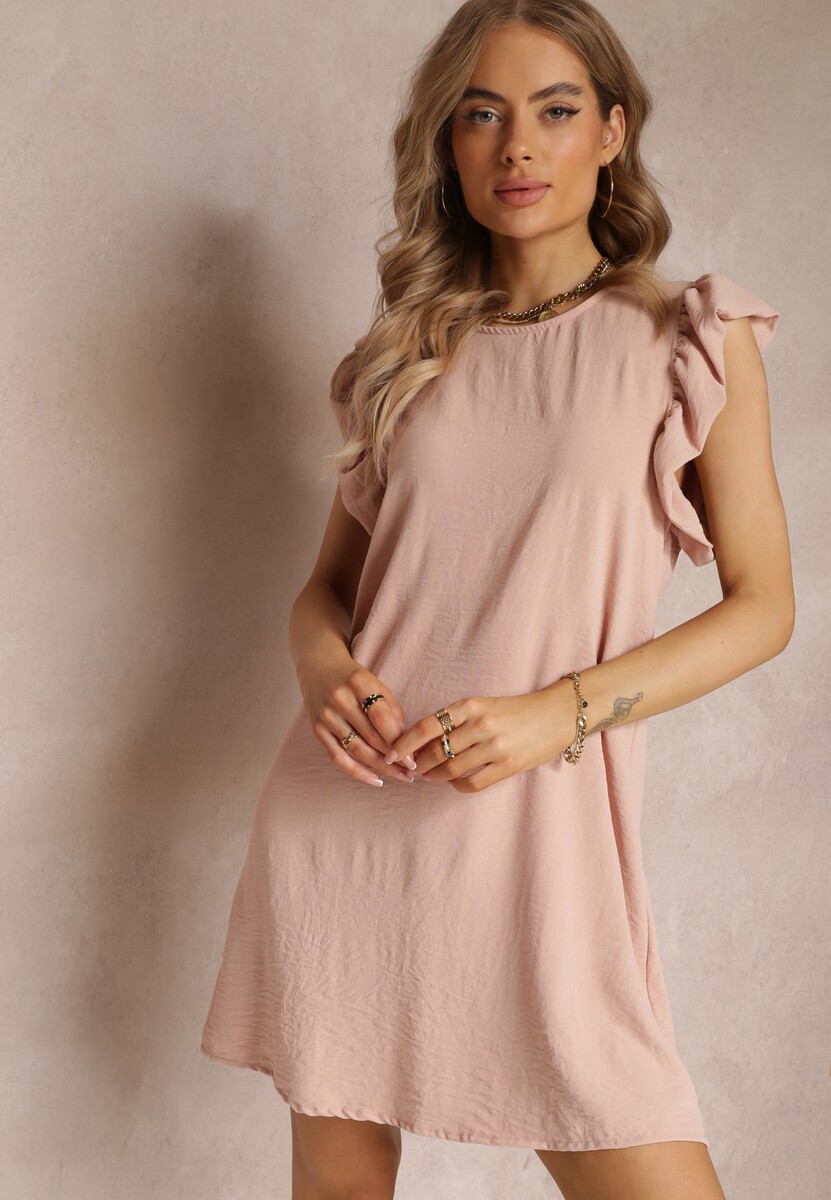 Różowa Sukienka Mini o Pudełkowym Kroju z Falbankami Ansha