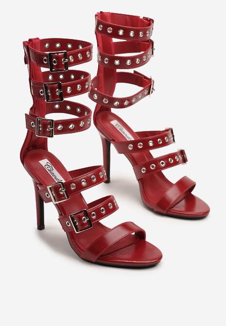 Bordowo-Czerwone Sandały na Szpilce Ozdobione Nitami i Klamrami Dovissa