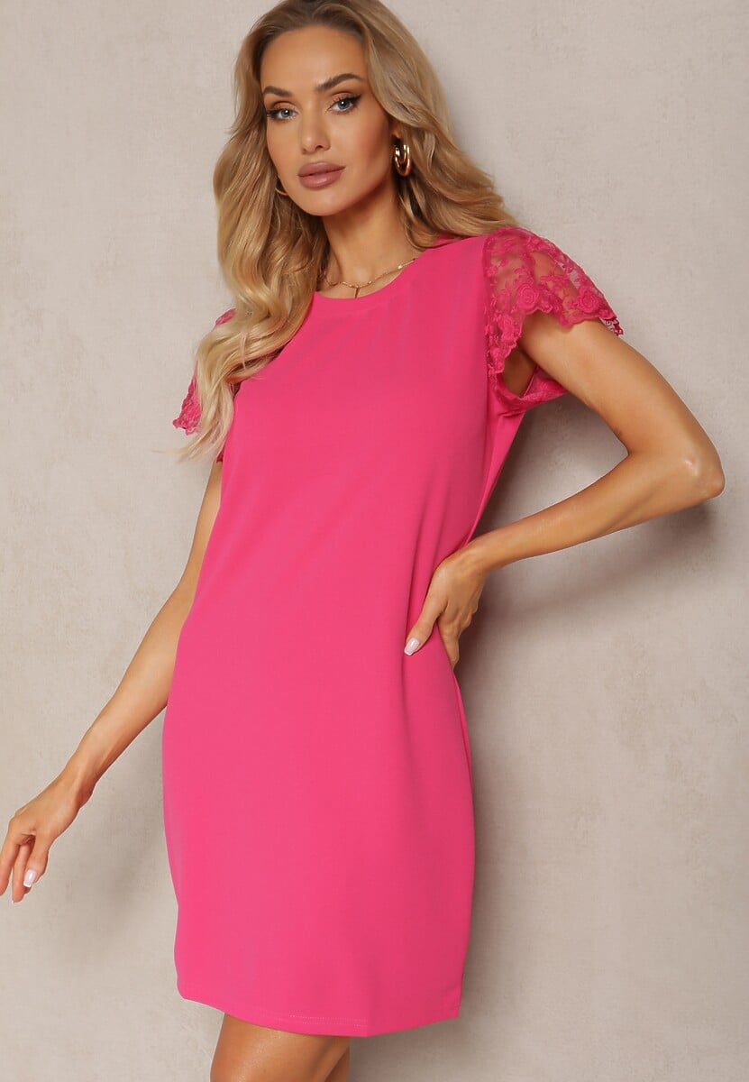 Biała Casualowa Sukienka Ozdobiona Koronką na Rękawku Haaklanda