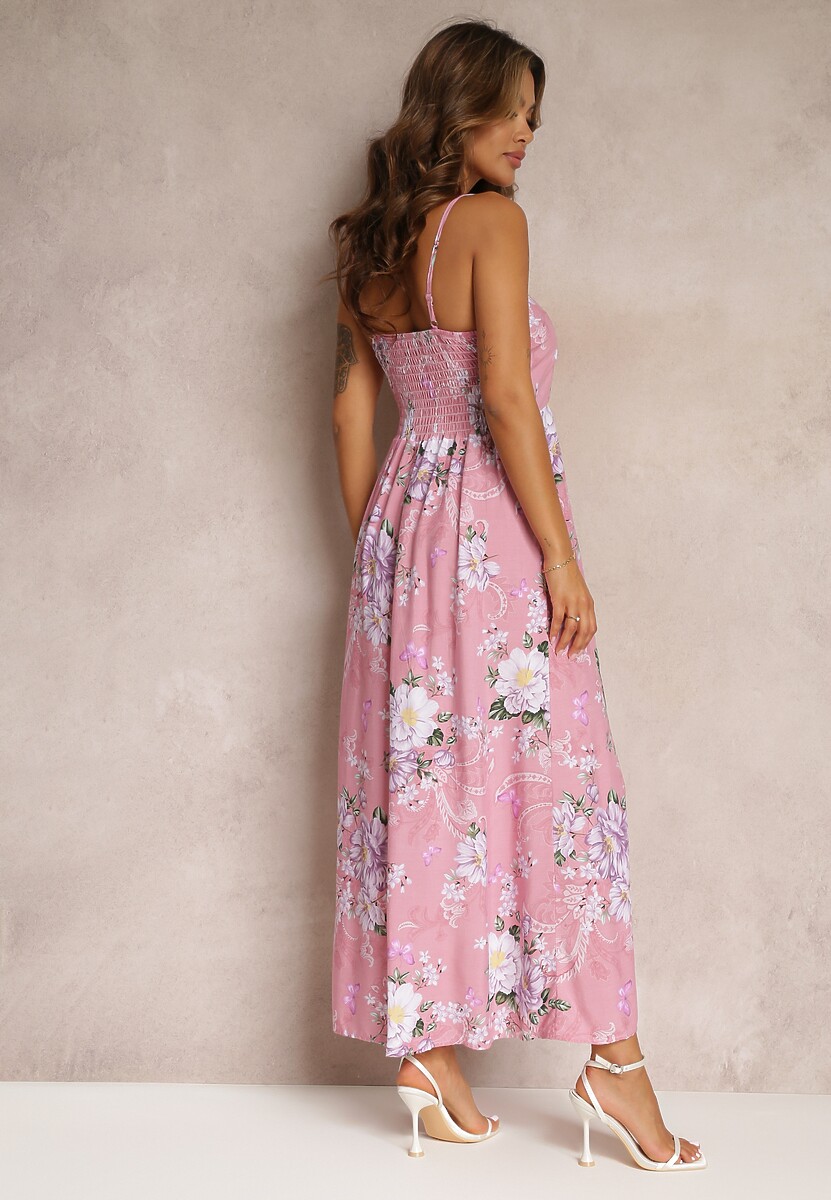 Różowa Sukienka w Kwiaty na Ramiączkach Lydienne