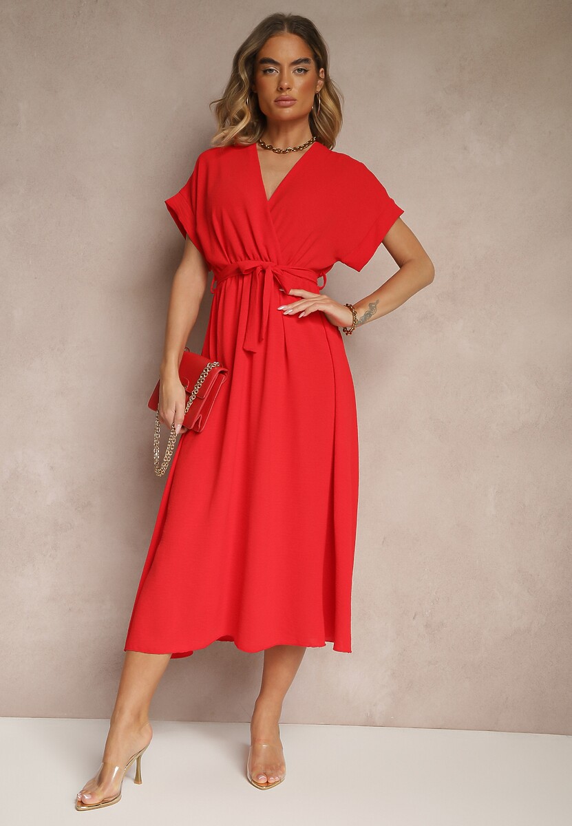 Czerwona Rozkloszowana Sukienka z Gumką w Talii i Wiązaniem Sepenira
