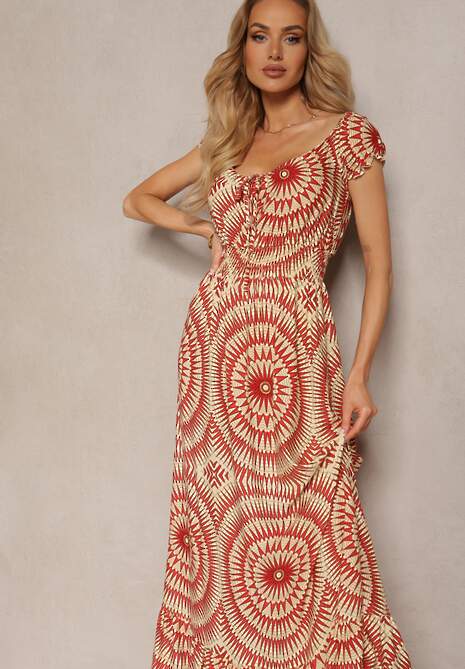 Beżowo-Czerwona Rozkloszowana Sukienka z Wiskozy z Gumką w Pasie i Wiązaniem przy Dekolcie Xicia