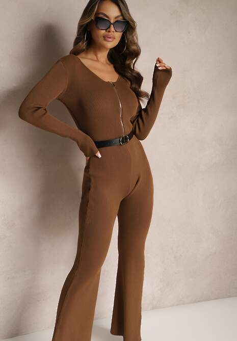Brązowy Kombinezon Bodycon z Prążkowanej Wiskozy ze Spodniami Typu Dzwony i Suwakiem Lavirna
