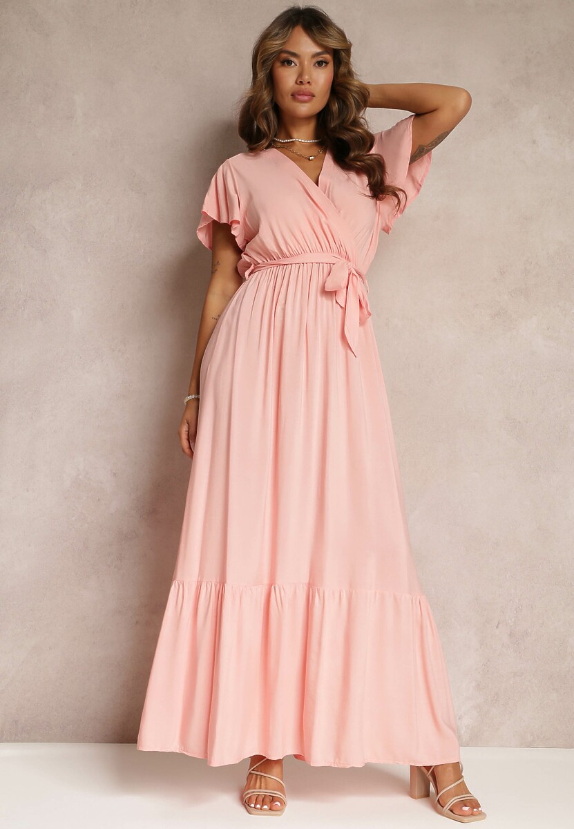 Różowa Rozkloszowana Sukienka Maxi z Gumką w Talii i Falbankami Tracia
