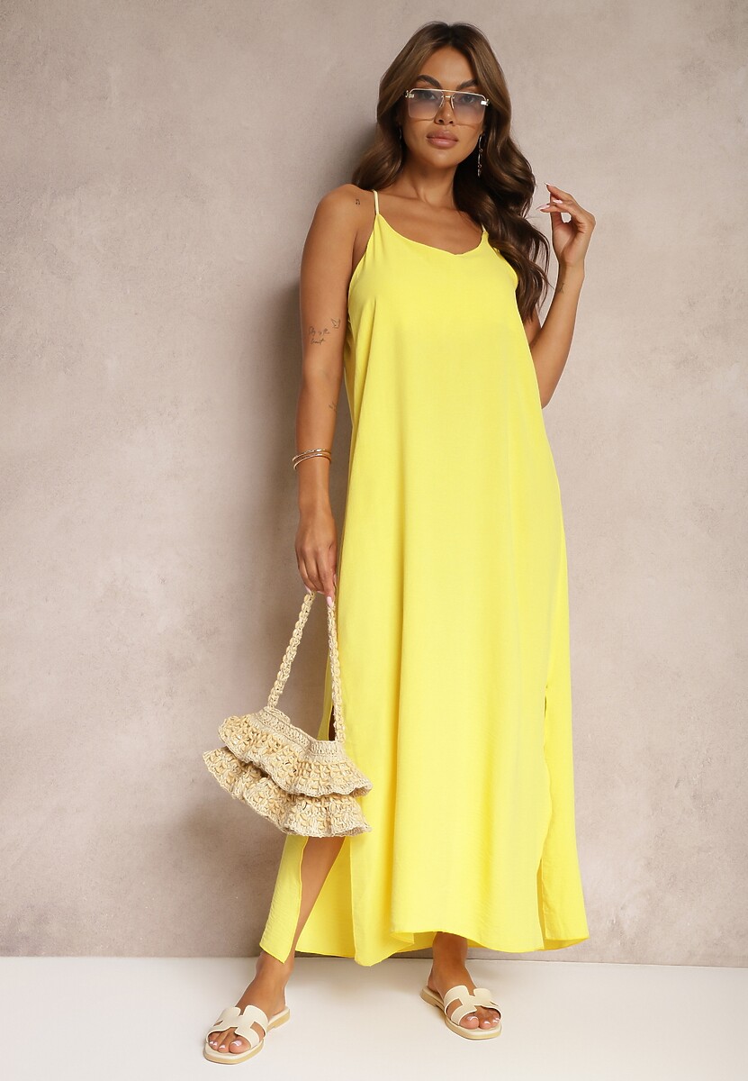 Żółta Sukienka na Ramiączkach o Taliowanym Kroju Rivatta