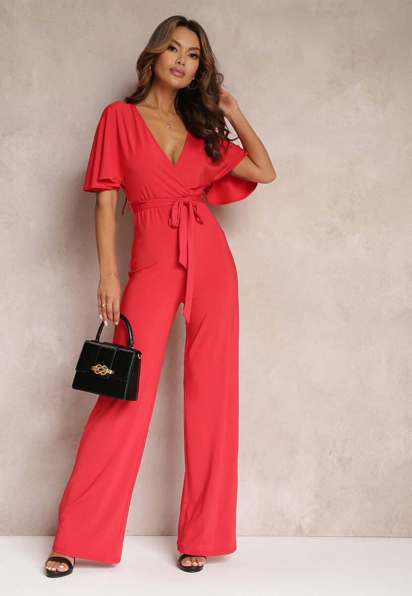 Czarny Długi Kombinezon z Wiązaniem i Głębokim Kopertowym Dekoltem Sumya