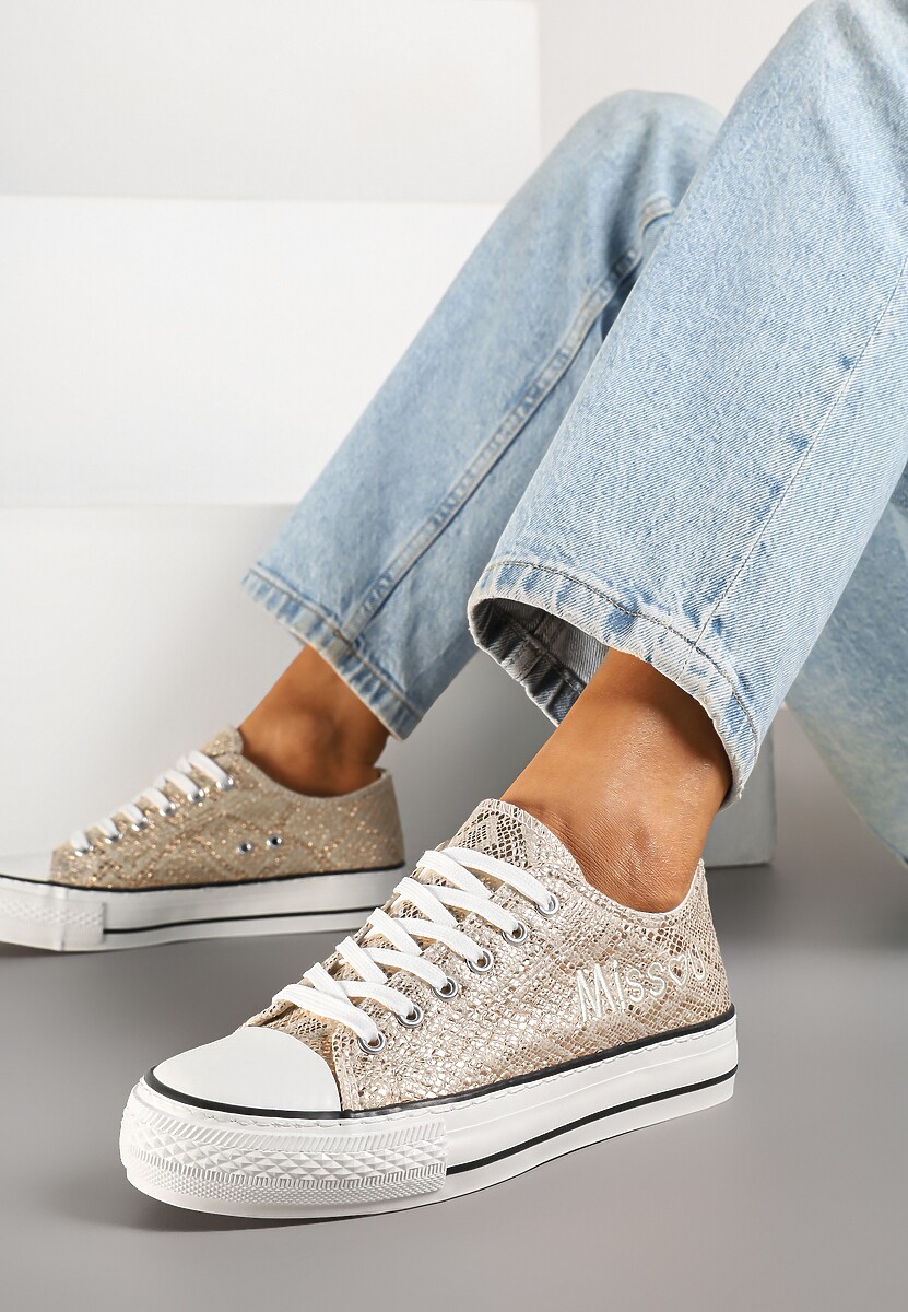 Panterkowe Brokatowe Trampki z Napisem i Niską Cholewką Borlevi