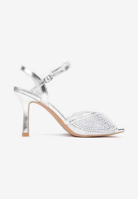 Srebrne Eleganckie Sandały na Szpilce Ozdobione Cyrkoniami  Viofera