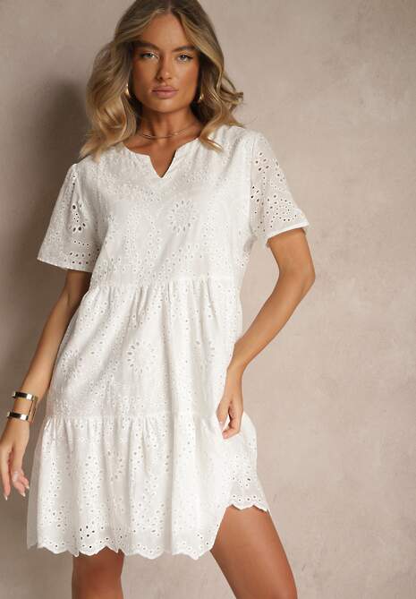 Biała Ażurowa Sukienka z Bawełny z Haftami Lumivienne