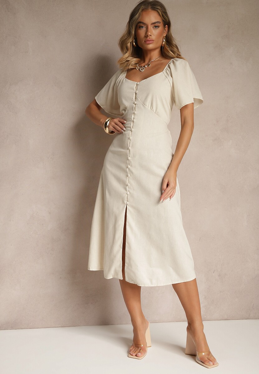 Beżowa Bawełniana Sukienka z Wiązaniem i Guzikami Kolarissa