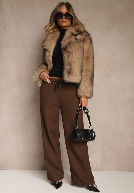 Beżowa Kurtka Futerko z Ozdobnym Kołnierzem Fitene