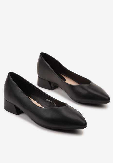 Czarne Błyszczące Czółenka na Niskim Obcasie z Wkładką ze Skóry Naturalnej Falzeri