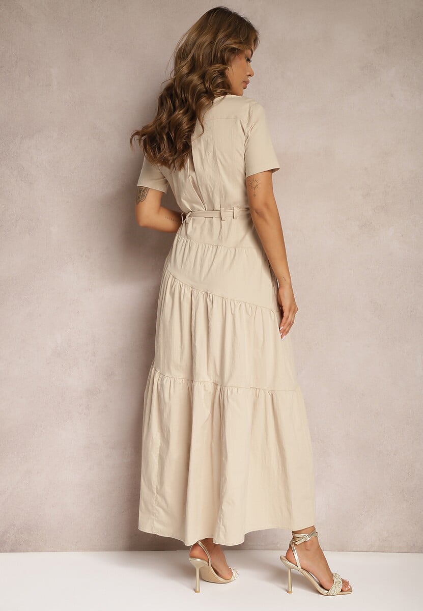Beżowa Bawełniana Sukienka o Rozkloszowana Zwężana w Talii Nenefia