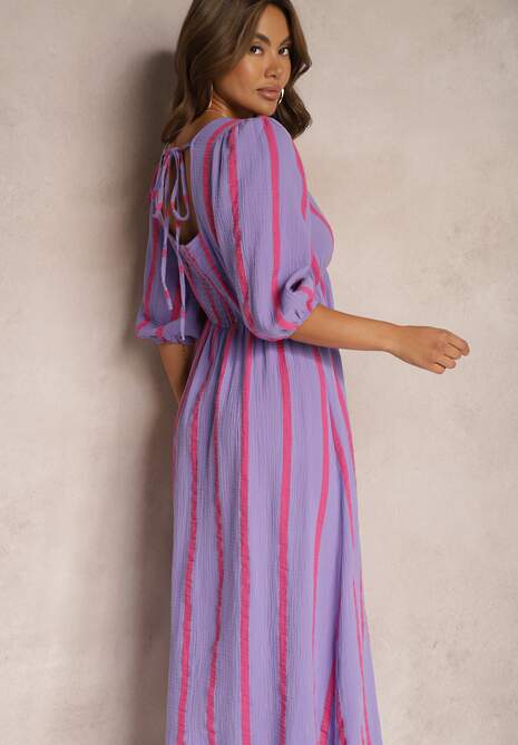 Fioletowa Bawełniana Sukienka w Paski o Rozkloszowanym Kroju Legelia