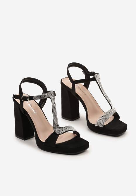Czarne Sandały z Wyściółką z Imitacji Skóry na Słupku Ozdobione Cyrkoniami ze Sprzączką Nittima