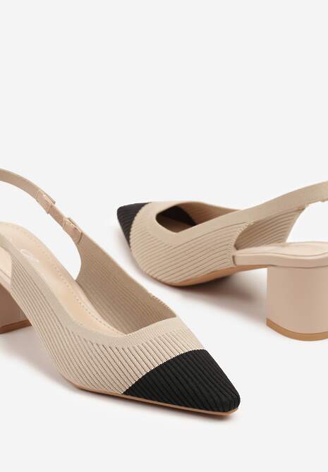 Beżowe Sandały na Słupku Typu Slingback z  Kontrastowym Noskiem Udivira