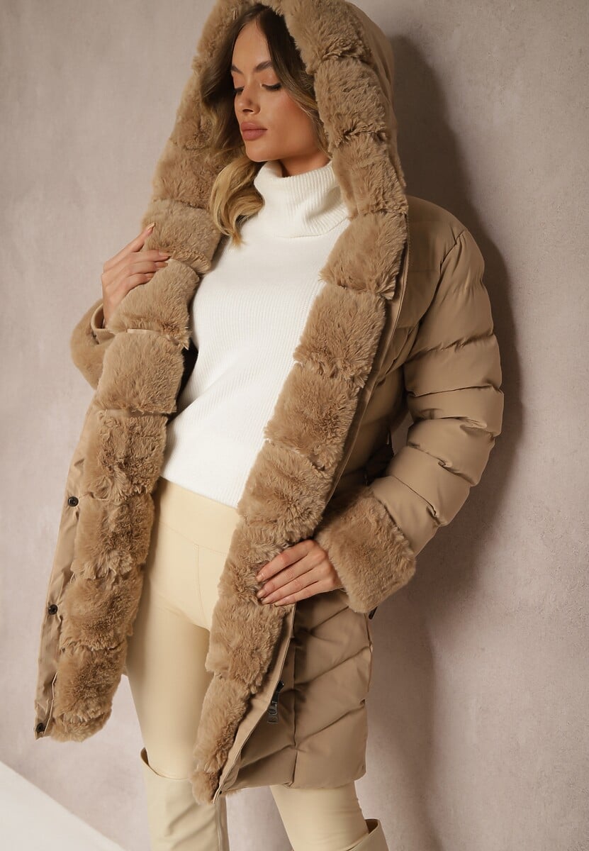 Ciemnozielona Kurtka z Pikowanymi Przeszyciami Mocno Ocieplana z Paskiem i Odpinanym Futerkiem Hedista