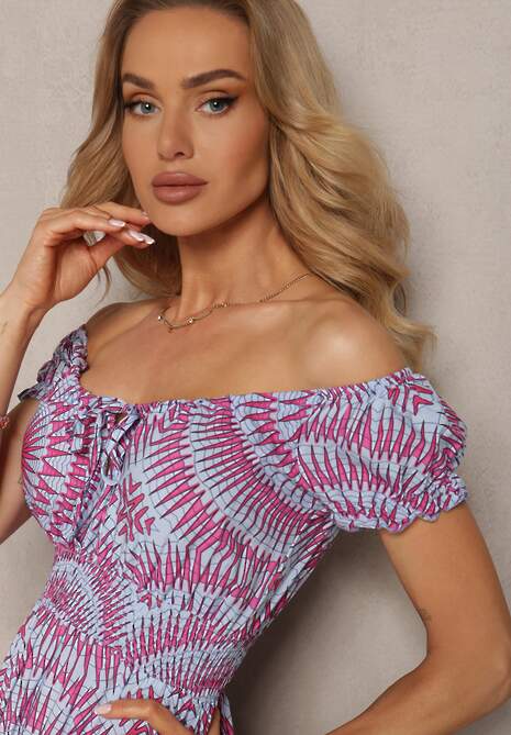 Niebiesko-Różowa Rozkloszowana Sukienka z Wiskozy z Gumką w Pasie i Wiązaniem przy Dekolcie Xicia