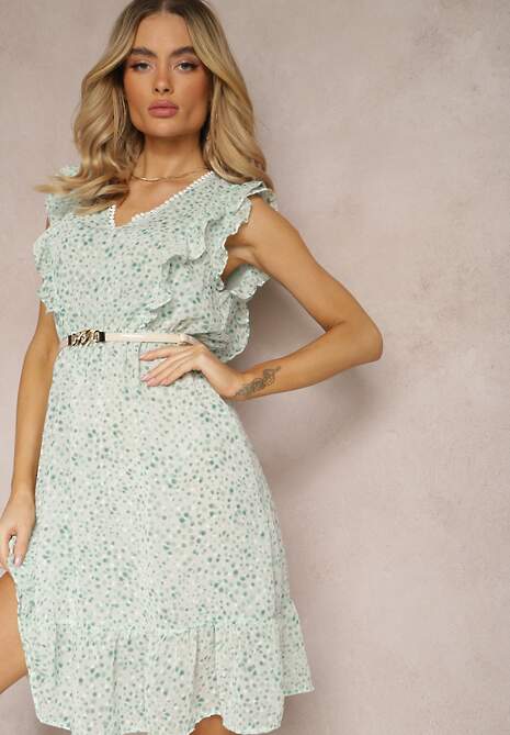 Zielona Rozkloszowana Sukienka z Gumką w Pasie i Falbankami Ulaia