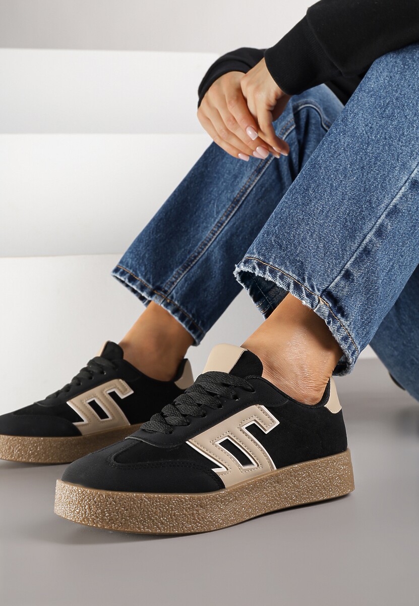 Brązowo-Beżowe Sneakersy Ozdobione Geometrycznym Motywem Lanelise