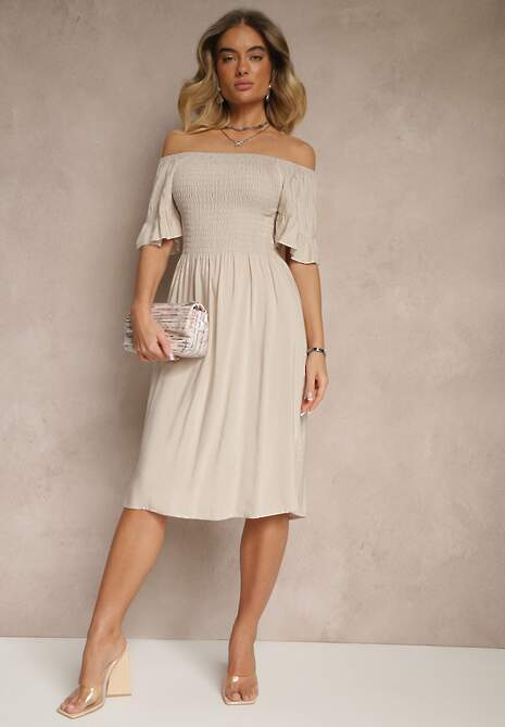 Jasnobeżowa Sukienka Rozkloszowana z Bawełny z Bufkami w Ramionach i Gumkami w Biuście Norlio