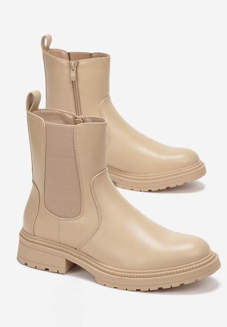 Beżowe Botki z Elastyczną Wstawką z Boku Cholewki Berwena