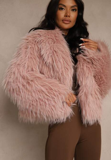 Różowa Kurtka Futerko Ozdobione Długim Włosiem Cardassa