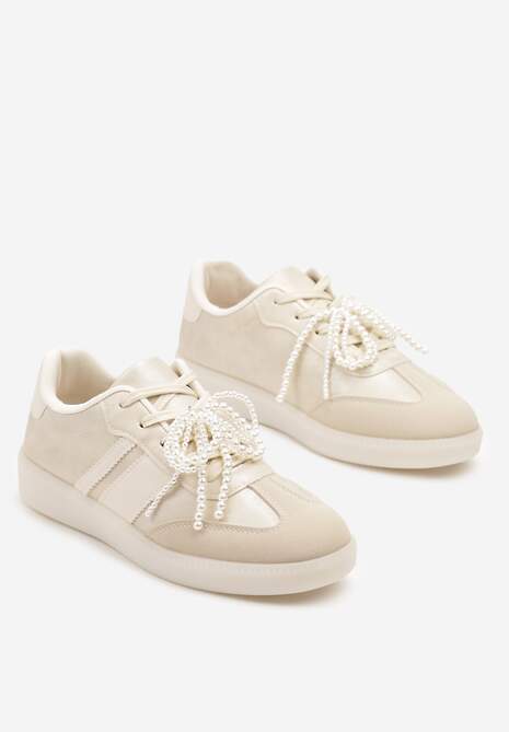 Beżowe Sneakersy Typu Kultowe Tenisówki ze Zdobieniem z Perłami Nalavia