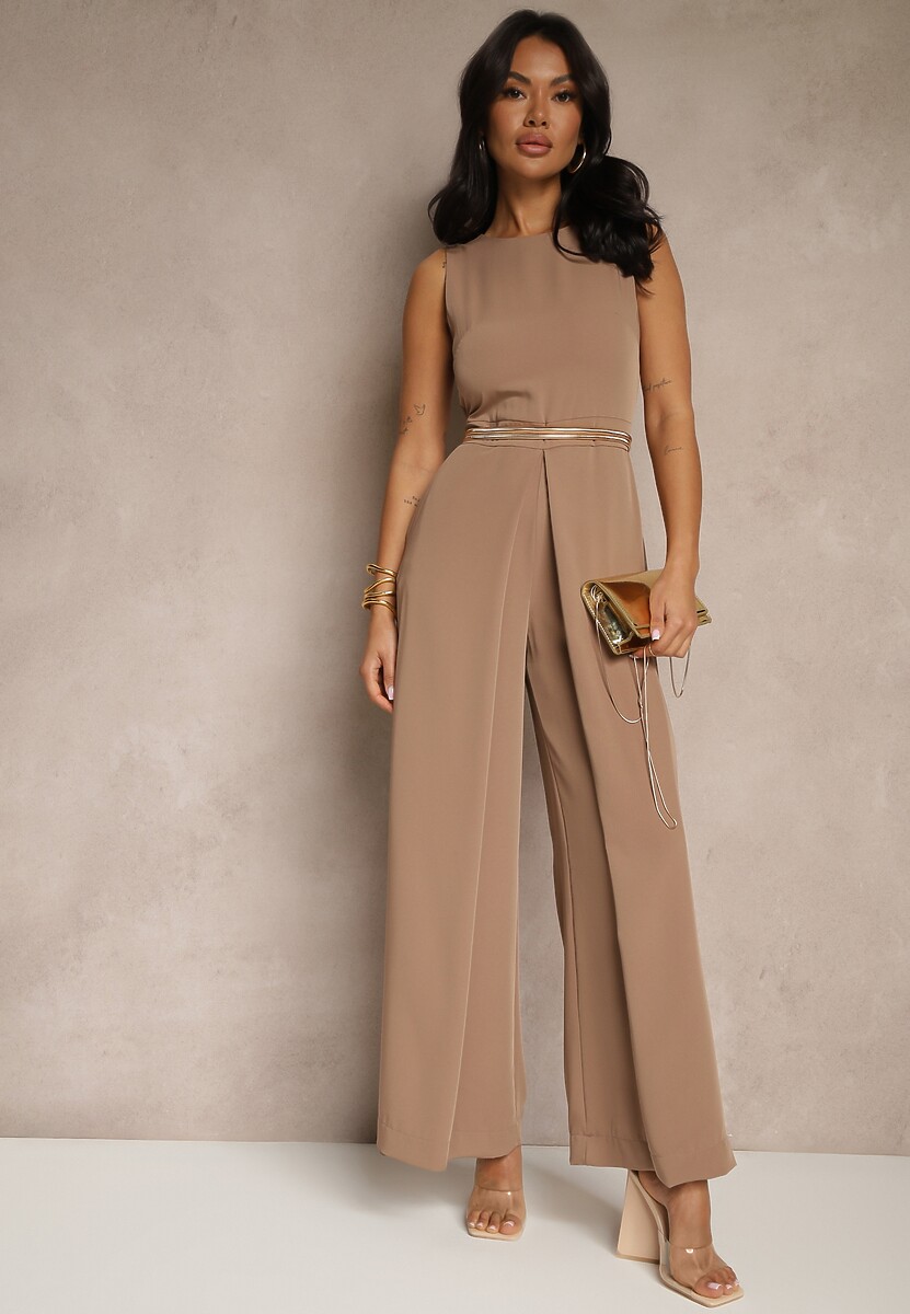 Ciemnobeżowy Kombinezon Bez Rękawów z Nogawkami Wide Leg Noreldi